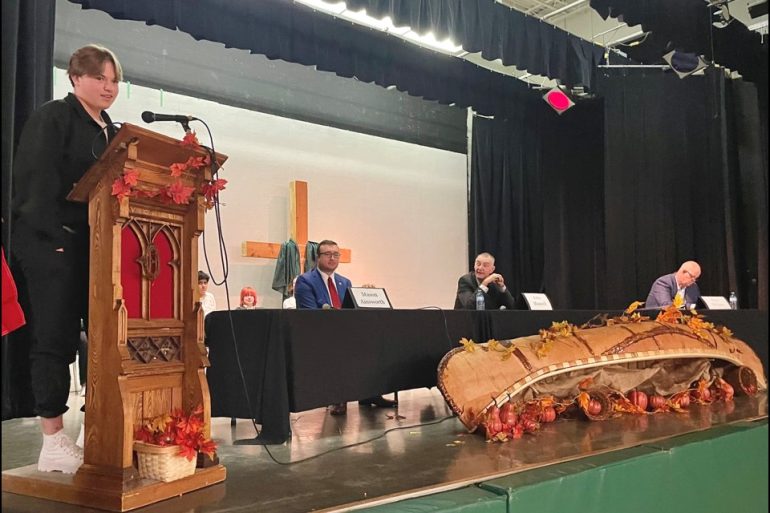 Students posed the questions at a moderated debate for Orillia's mayoral candidates at a Thursday forum at Patrick Fogarty Catholic Secondary School. Above, Grade 10 student Jordan Maxwell asked about John Maxwell’s choice in signage and what the candidates’ plans are to improve opportunities for youth in Orillia.